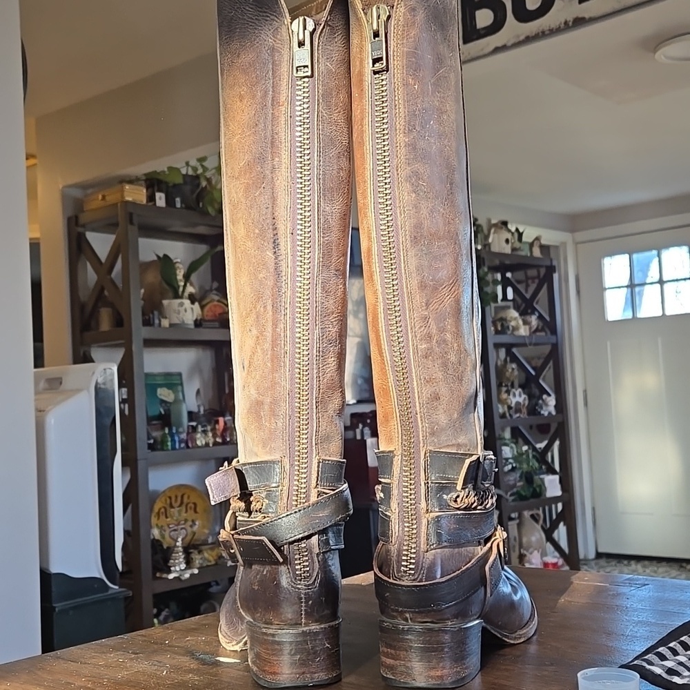 Freebird Aspen Knee High Leather Boots Straps Zip Back Brown Saddle Leather 7 - Picture 3 of 12